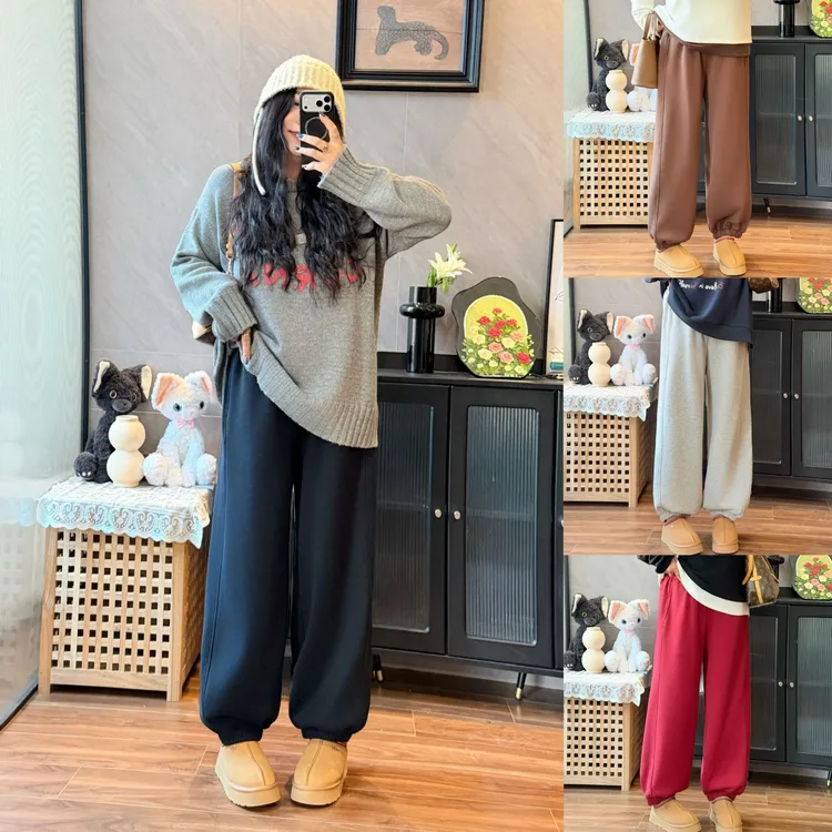 花契“黄糖拿铁”大码女装冬季宽松200斤胖mm复古加绒休闲裤4372-H