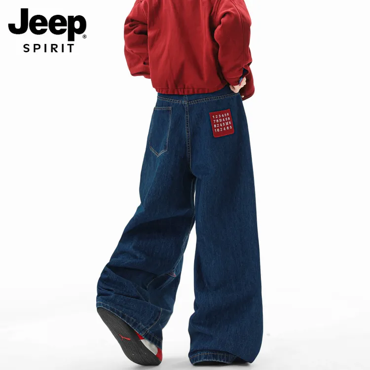 JEEPSPIRIT美式复古数字刺绣牛仔男女秋水洗阔腿裤轻奢男生穿搭