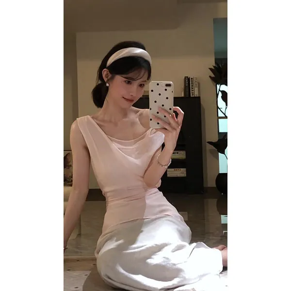 荡领收腰系带小衫女夏一字领内搭无袖露肩上衣半身裙套装两件套