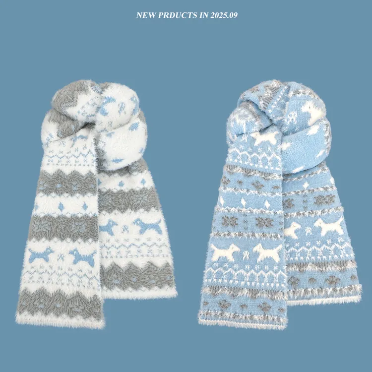 双面针织围巾~费尔岛风可爱猫咪女秋冬保暖复古百搭围脖防风防寒