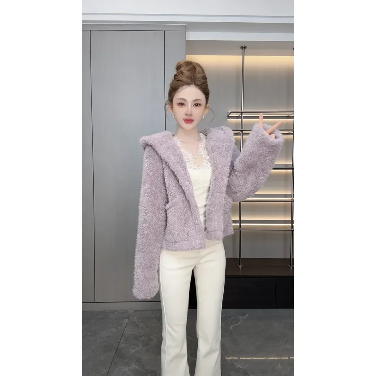 曼曼【微梦云眠~】韩系连帽环保皮毛一体加厚保暖外套3977#