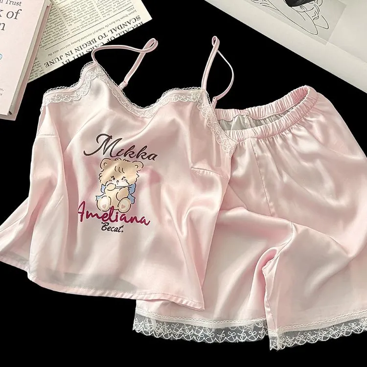 GPSUNLU冰丝绸睡衣女款夏季卡通少女风甜心蕾丝花边吊带家居服