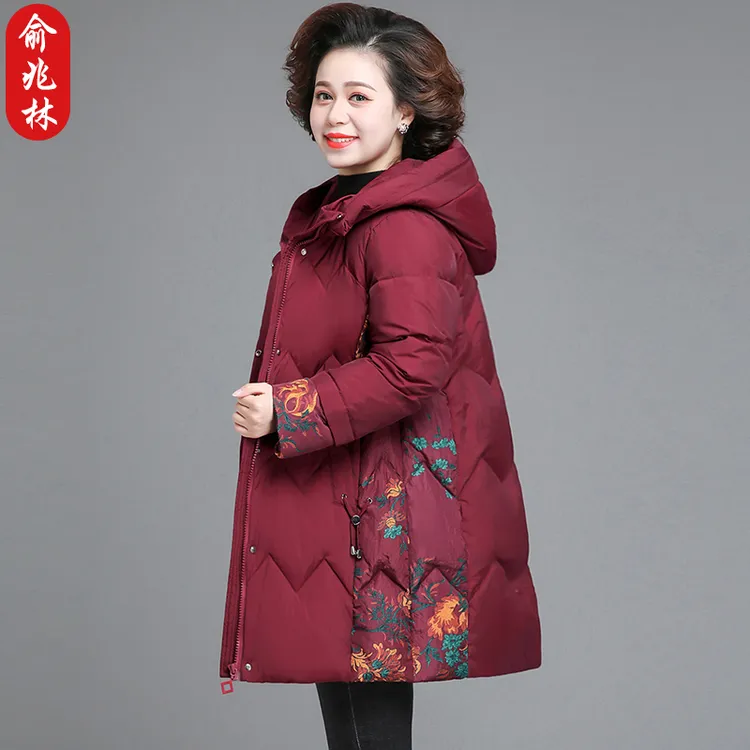 俞兆林妈妈冬装棉服中长款加厚棉袄中老年人女装冬季印花棉衣外套