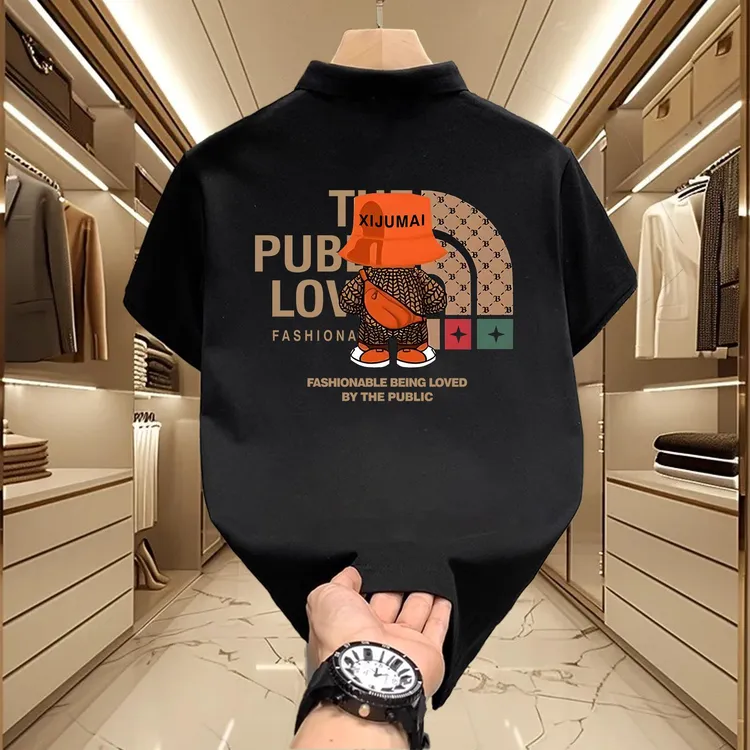 美式轻奢简约polo衫 带帽背包小熊 高级感休闲商务短袖polo杉男夏