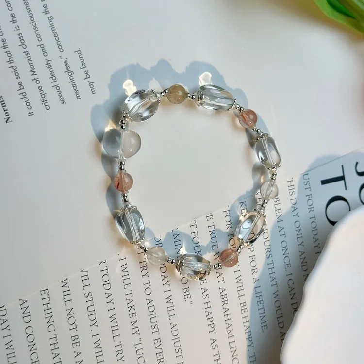 【冰糖】天然白水晶糖豆搭配彩兔毛水晶手串