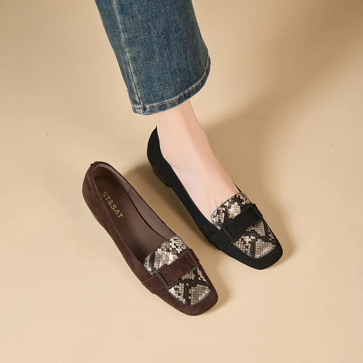 星期六女鞋羊皮百搭真皮方头低跟平跟气质优雅明星同款鞋女款