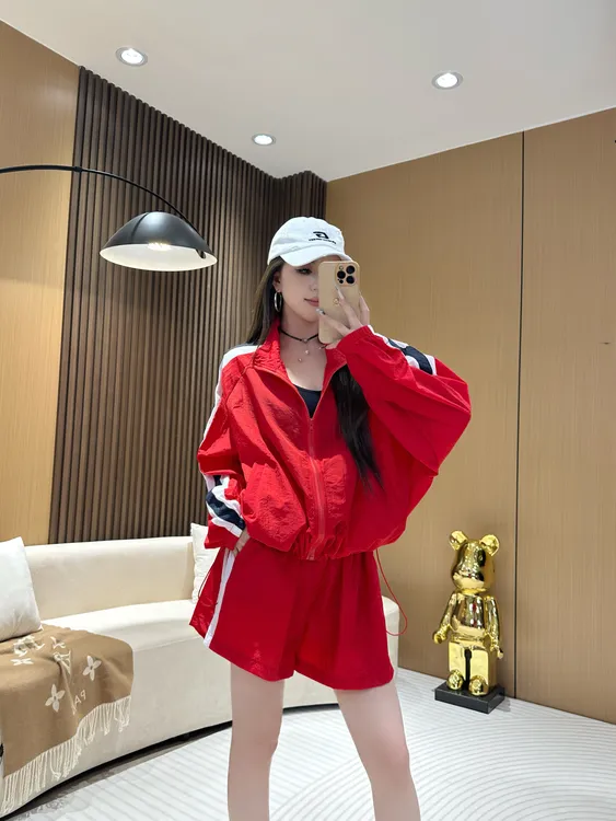 DA5516【条纹拼色外套+短裤两件套】时尚夏季薄款速干宽松百搭套装