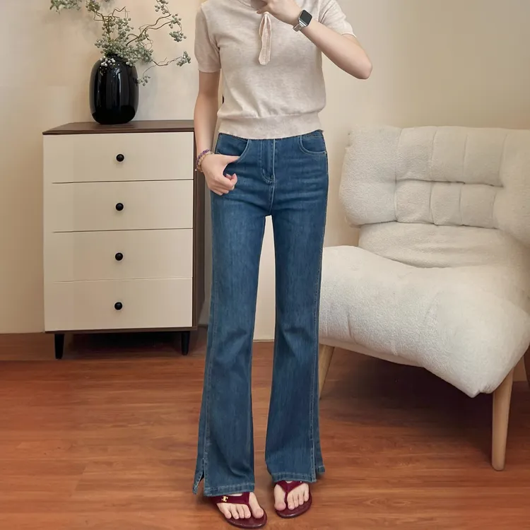 小个子侧开叉高腰弹力微喇牛仔裤女微胖大码遮胯显瘦百搭直筒长裤