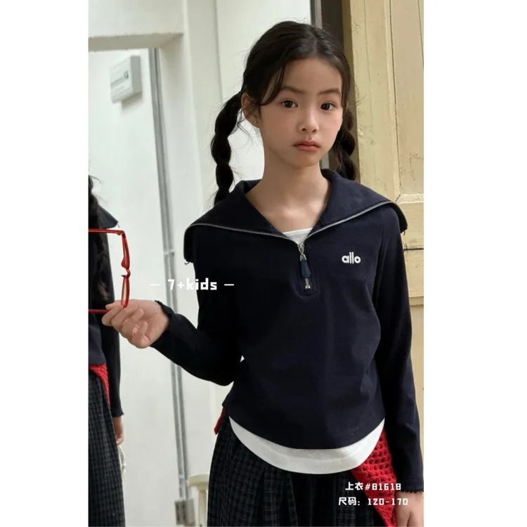 【假2件】韩版女童装儿童中大童秋季时髦洋气时尚休闲套头外套T恤