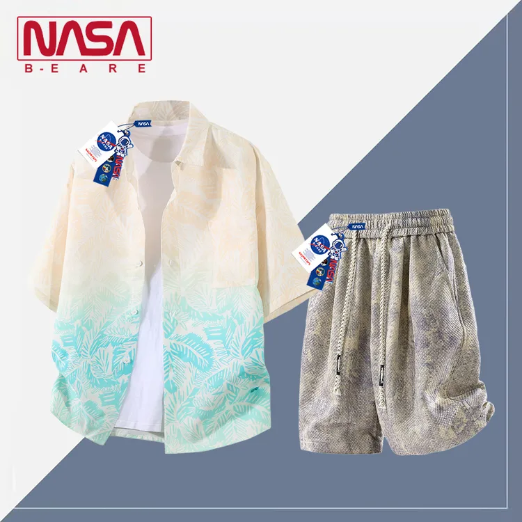 NASA联名海岛夏威夷风短袖衬衫套装男士夏季薄款扎染短裤衬衣一套