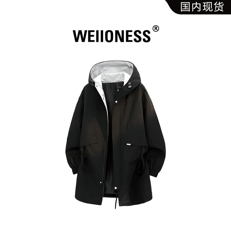 WEIIONESS连帽中长款风衣外套男款秋季韩版潮流时尚帅气大码上衣