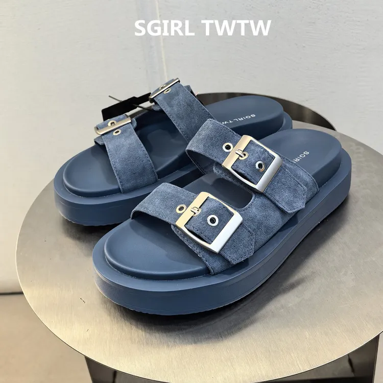 SGIRL TWTW2025年夏季新款真皮皮带扣百搭休闲露趾厚底凉拖鞋女鞋