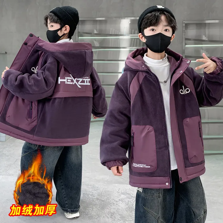 男童加绒外套秋冬款2025新款夹棉加厚宽松风衣中大童冬装棉服潮