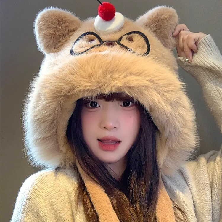 【礼响】可爱蛋糕眼镜小熊毛绒帽子秋冬加绒加厚保暖防寒护耳雷锋帽