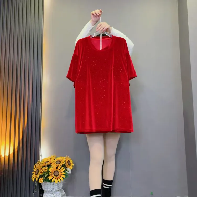 11172（衣长75）新款时尚宽松中长款短袖圆领亮钻丝绒衫大码女装
