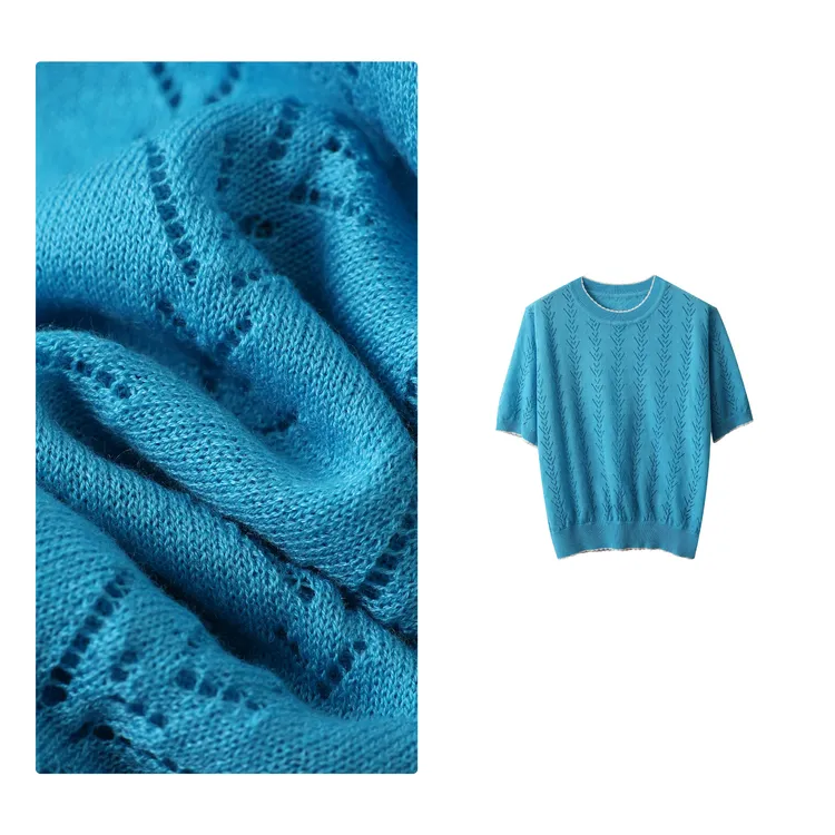 惊喜！门店26&9！羽花T恤」绵羊毛挑花镂空圆领短袖针织上衣女Y00017