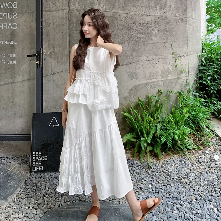 新款甜美风格聚酯纤维无袖上衣拼接半身蛋糕长裙白色夏季