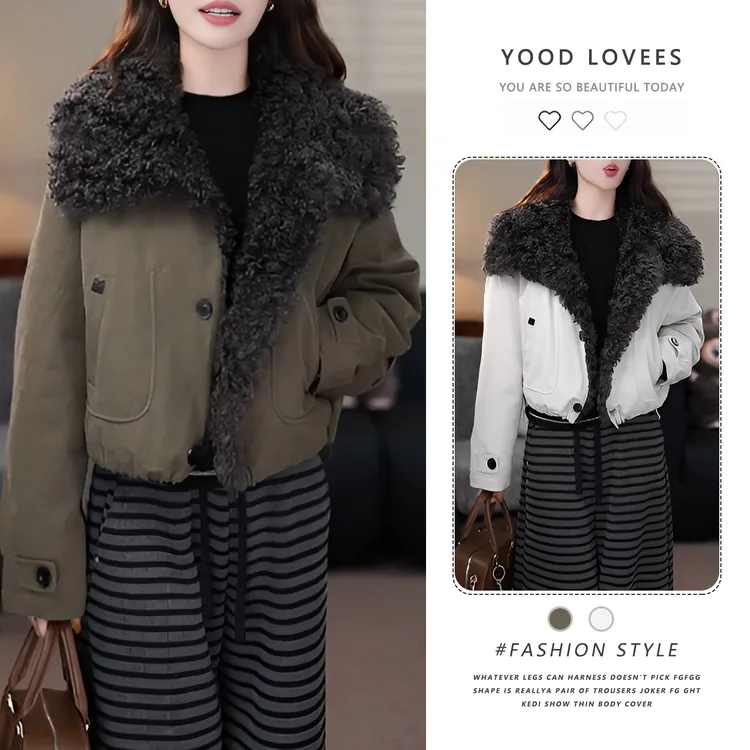 韩系设计感大翻领毛毛拼接外套女2025秋冬新款工装风毛领保暖上衣