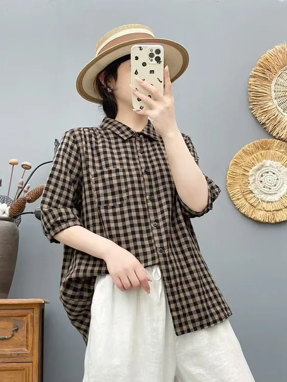 夏季新款色织小格子短袖衬衫文艺减龄百搭纯棉上衣66130