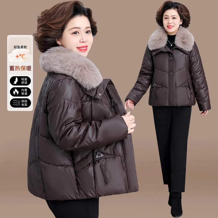 妈妈冬装PU皮外套2025新款中老年女士加厚棉袄阔太太棉服女款冬季