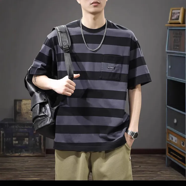 AEMAPE潮牌条纹美式插肩袖男新款圆领宽松休闲半袖T恤