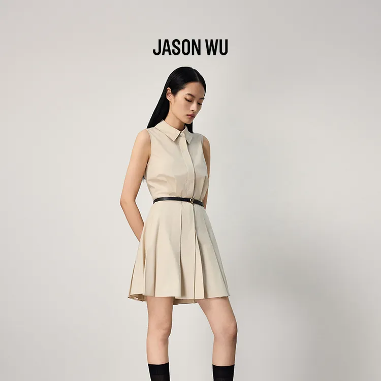 JASON WU2025年秋季新款无袖收腰时髦百搭减龄百褶衬衫连衣裙裙子