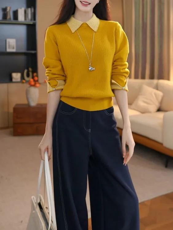 韩版气质休闲百搭假两件针织衫内搭女秋冬新款POLO领加厚打底毛衣