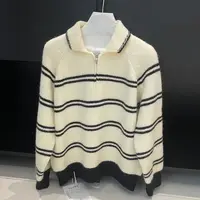 翻领拉链条纹宽松针织毛衣#3105