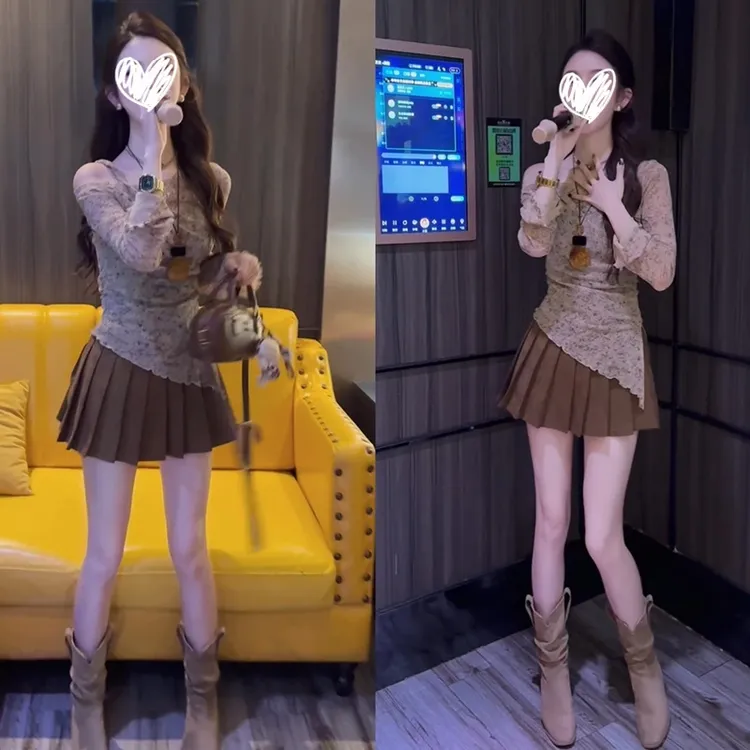 梦优莱老钱风墨染琉璃小众氛围感晕染木耳边喇叭袖T恤女秋季上衣