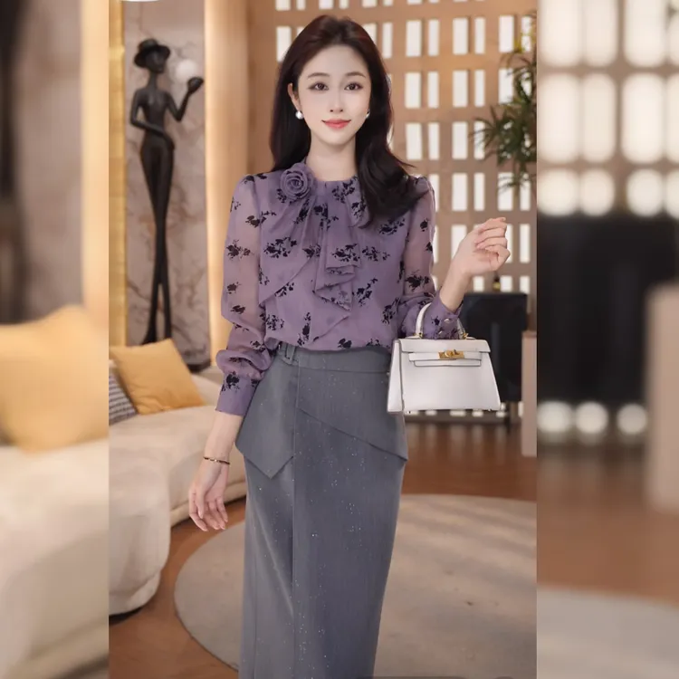 【林雪雪】紫韵秋华秋季新款气质百搭遮肉显瘦紫色衬衫259628