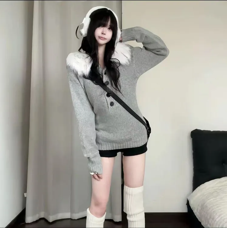 美式辣妹可拆卸毛领亨利领毛衣女秋季新款韩系收腰连帽针织衫上衣