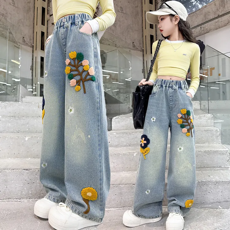 女童裤子2025春季新款刺绣牛仔裤中大童毛巾绣花朵阔腿裤春秋长裤
