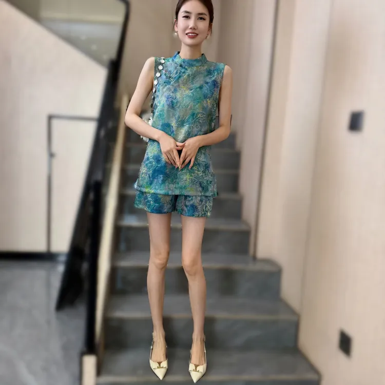 【俊英】复古国风新中式上衣短裤两件套女小个子别致显瘦高级感套装