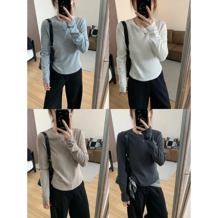 JMHH【双肩】下摆小圆弧慕斯长袖T恤女春秋显瘦百搭套头打底衫上衣