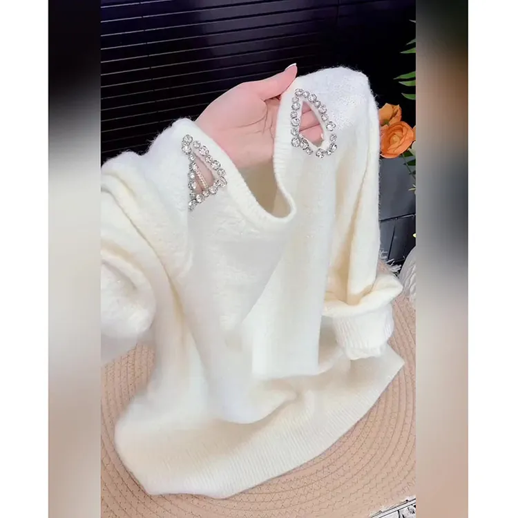 法式温柔风钉珠长袖针织衫女秋冬大码时尚胖MM慵懒风洋气内搭毛衣