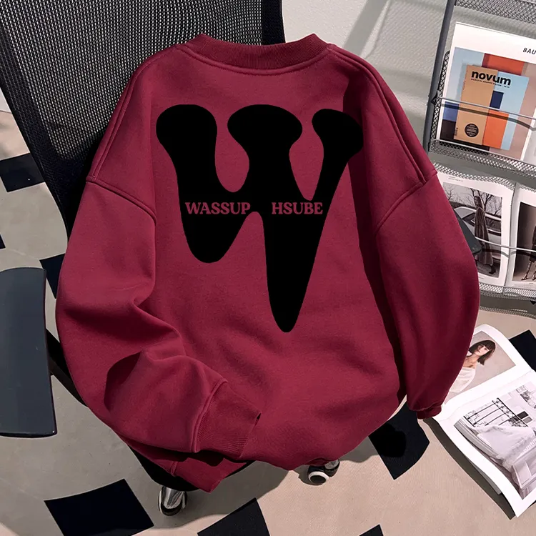WASSUP HSUBE酒红色小个子秋冬加厚卫衣男女款外套圆领冬季上衣潮