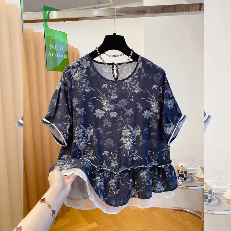 新中式夏季印花半开领下摆网纱微透宽松娃娃衫女衬衣短袖大码国风