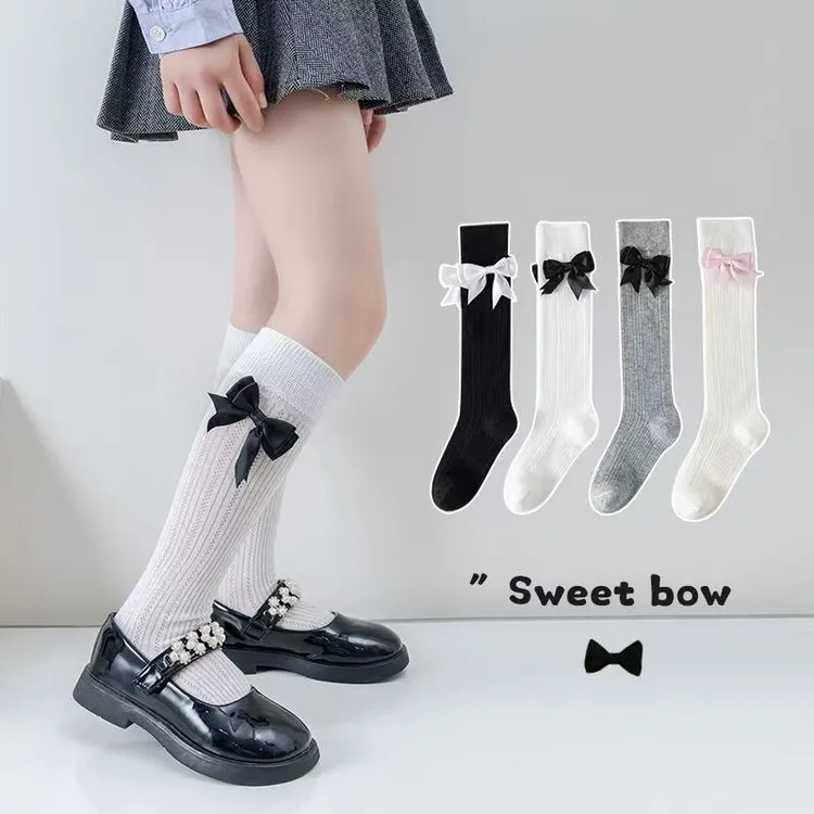25夏季西班牙儿童袜子薄款网眼移圈中筒袜女童大蝴蝶结公主宝宝袜