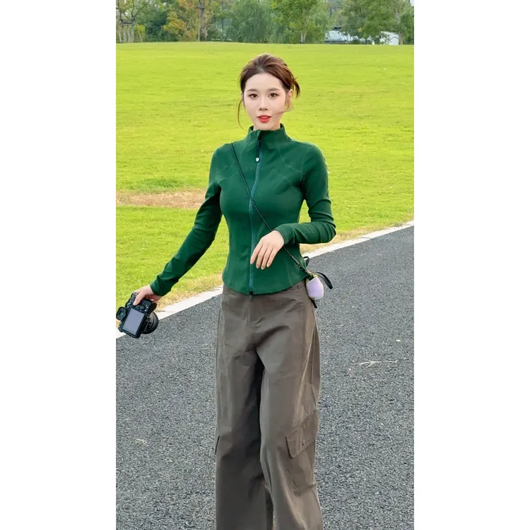 高弹力精梳棉拉链立领开衫外套女修身显瘦透气亲肤纯色上衣