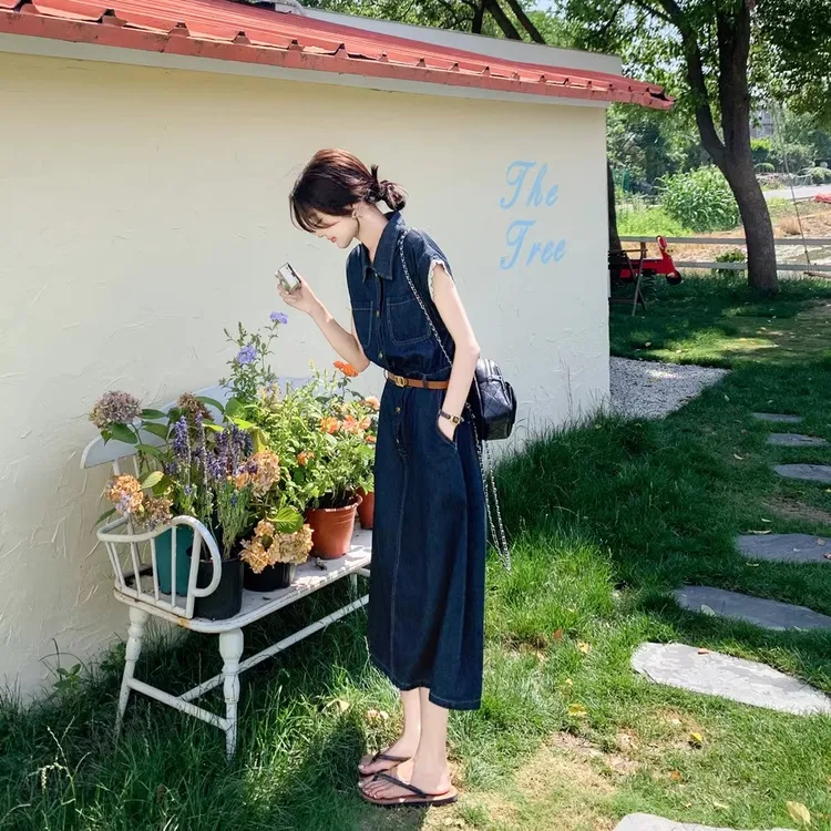 女装2025夏季新款大方衬衫裙深蓝色复古港风薄款牛仔连衣裙女912#