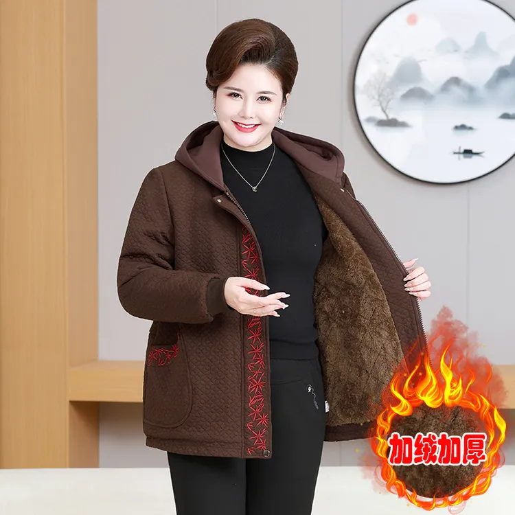 冬装新款中老年女装棉服胖妈妈百搭加绒厚棉袄连帽保暖棉衣特大码