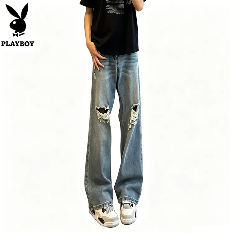 PLAYBOY/花花公子美式高街破洞猫须纹牛仔裤男夏季百搭显瘦直筒裤