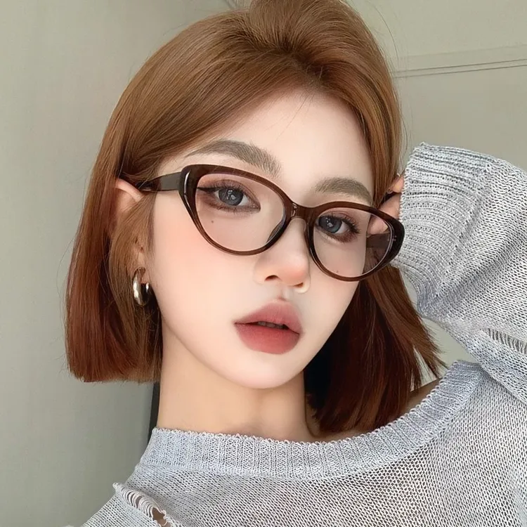 素颜眼睛镜框可配近视茶色平光百搭猫眼方圆脸显瘦复古黑猫韩版商品图