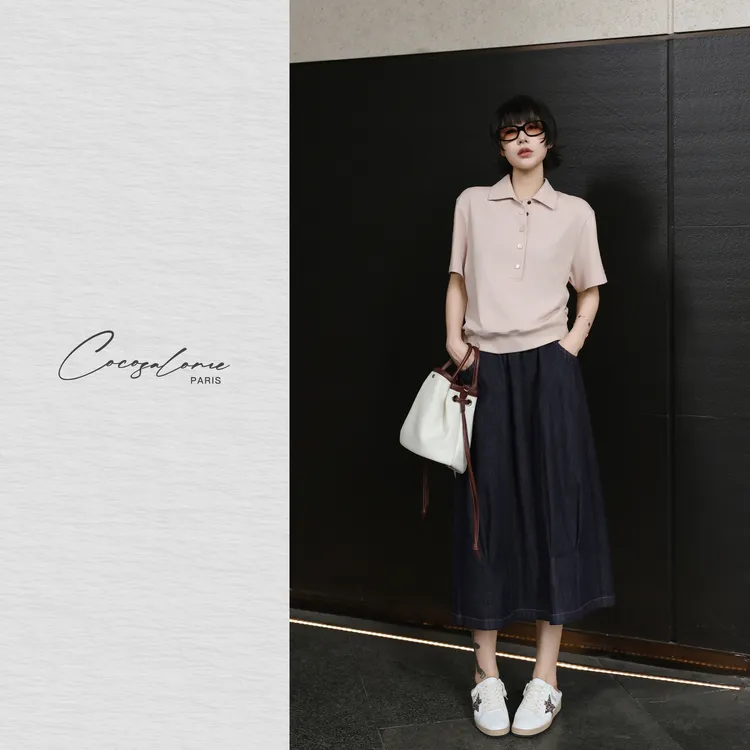 韩彬彬"樱花少女"100棉百搭polo领减龄时尚百搭透气短袖093K-2