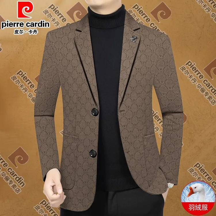 皮尔卡丹西装鸭绒羽绒服冬季新款中年爸爸服保暖男士西服外套百搭