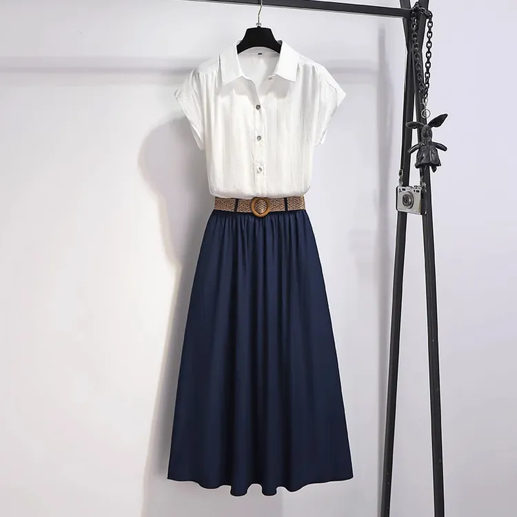 拉夏贝尔白色衬衫蓝色半身裙女夏季2025新款今年流行夏日漂亮套装