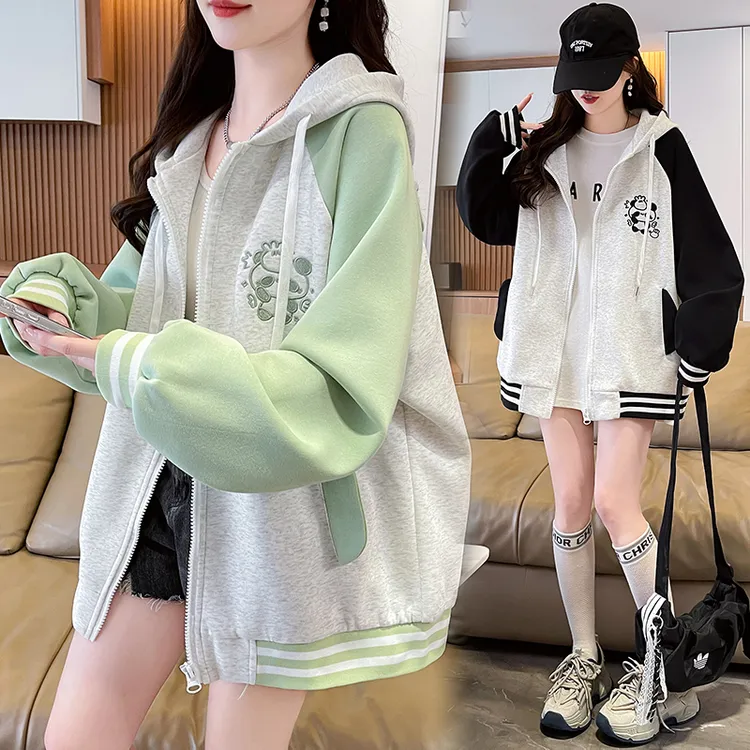 连帽棒球服外套少女春秋2025新款初高中学生可爱刺绣宽松开衫卫衣