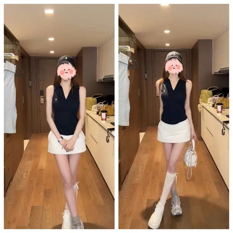 【仲夏少女】 休闲风polo领无袖修身上衣&高腰显瘦A字包臀裙裤