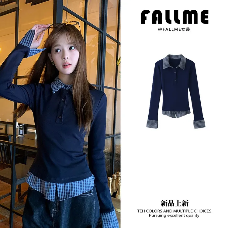 FALLME春季新款拼接假两件穿搭打底衫女内搭美式学院修身显瘦t恤