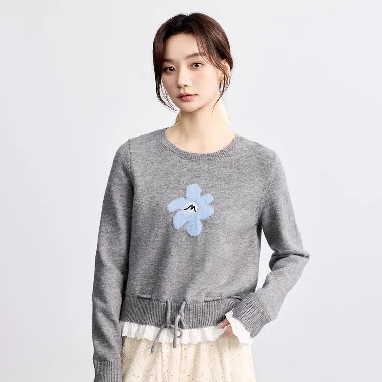 茵曼假两件蕾丝拼接套头毛衣女秋季撞色提花百搭舒适针织衫